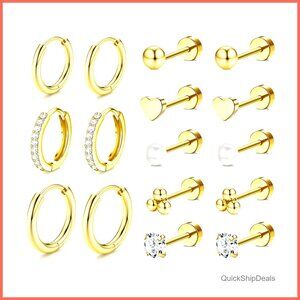 Hypoallergenic 14K Gold Plated Surgical Steel Stud Hoop Earrings Set